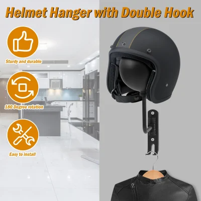 Motorcycle Helmet Holder Wall Mount Helmet Rack with Double Hook 180 Degree Rotation Metal Helmet Hanger Space Saving Motorcycle